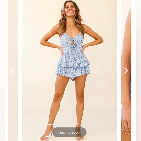 Selfie Leslie SWEET REVENGE SHIRRED NECKLINE BUST TIE ROMPER FLORAL STEEL BLUE - Picture 3 of 5
